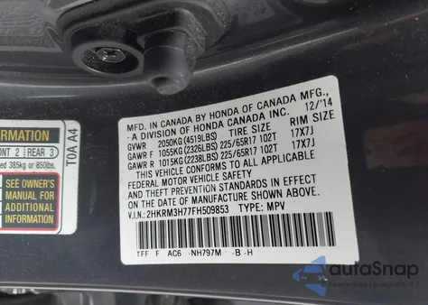 2015 Honda Cr-V Ex-L z USA, uszkodzony, nr VIN 2HKRM3H77FH509853